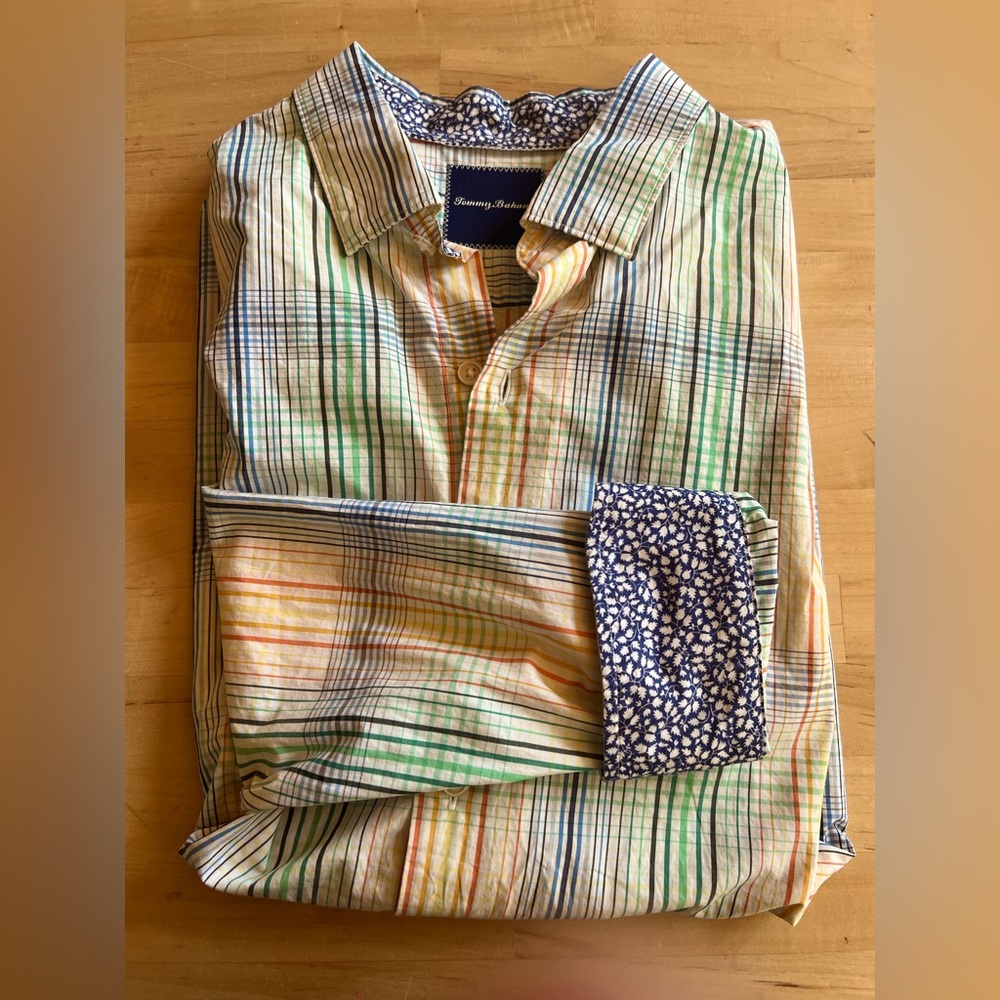 Tommy Bahama XL Multicolored Stripe plaid buttondown Flip Cuff Shirt pima cotton